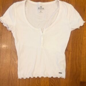 Hollister White Short Sleeve Henley Crop Top with Lettuce Edge